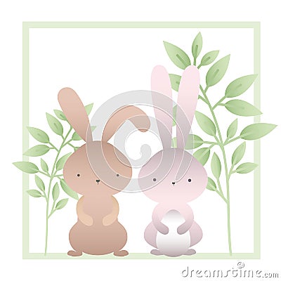 Rabbits with branchs and leaves isolated icon Vector Illustration