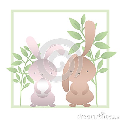 Rabbits with branchs and leaves isolated icon Vector Illustration