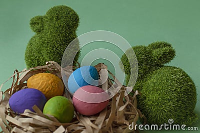 Couple of rabbits and easter eggs Stock Photo