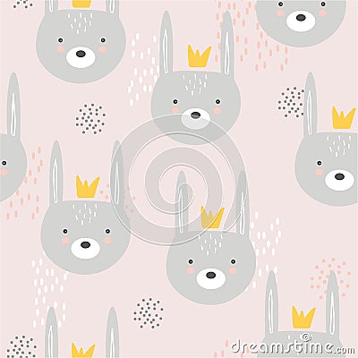 Rabbits with crowns, colorful seamless pattern. Decorative cute background with animals Vector Illustration