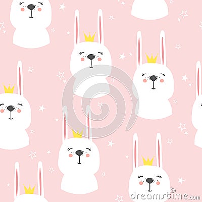 Rabbits with crowns, colorful seamless pattern Vector Illustration