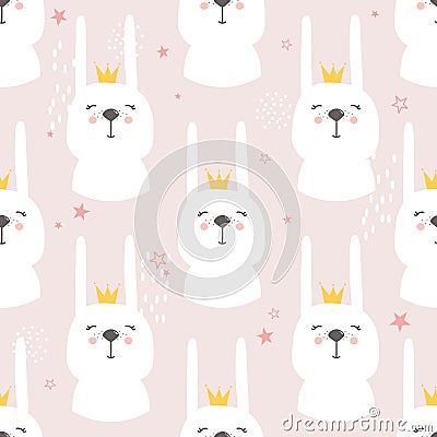 Rabbits with crowns, decorative cute background. Colorful seamless pattern with muzzles of animals Vector Illustration