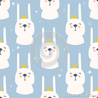 Rabbits with crowns, stars, colorful cute seamless pattern Vector Illustration