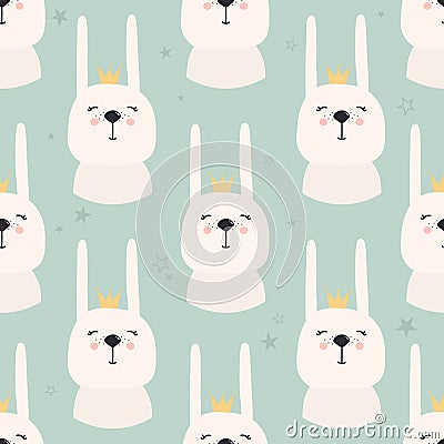 Rabbits with crowns, seamless pattern Vector Illustration