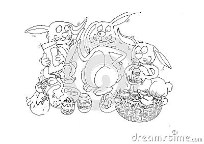 rabbits decorate Easter grapes chine coloring for kids Stock Photo