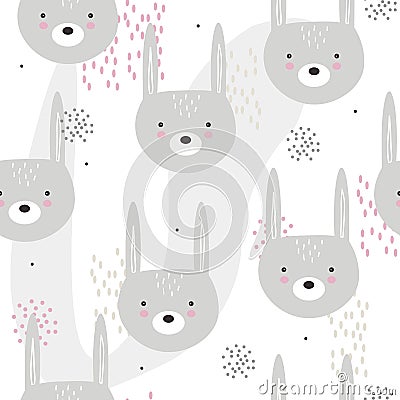 Rabbits, decorative cute background. Colorful seamless pattern with muzzles of animals Vector Illustration