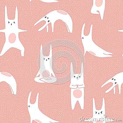 rabbits doing yoga poses. Seamless pattern in . Stock Photo