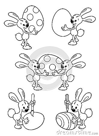 Rabbits, Easter Bunny set, Easter Egg, Cartoon Character, Cute Easter bunny painting an egg. Coloring page Vector Illustration