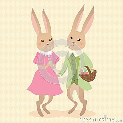 Rabbits with eggs in busket Vector Illustration