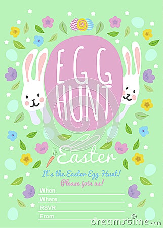 2 rabbits look out for a big egg.Easter invitations templates with eggs, flowers, floral frames, rabbit and typographic design Vector Illustration