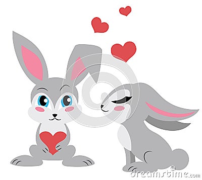 Two cute rabbits. One holding a heart. Vector Illustration