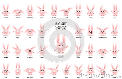 Rabbits with narrow eyes set white Vector Illustration