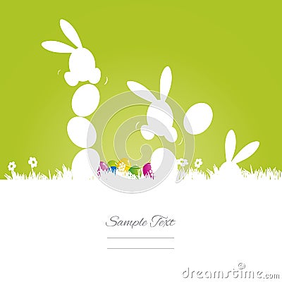 Rabbits play with eggs green white background Stock Photo
