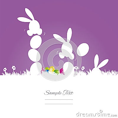 Rabbits play with eggs purple white background Stock Photo