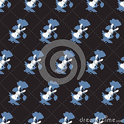 Rabbits Play Sweet Floral Garden Vector Seamless Pattern Vector Illustration