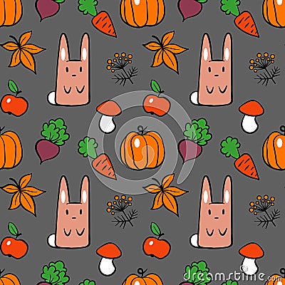 Rabbits and pumpkins. autumn harvest. seamless pattern. Vector Illustration