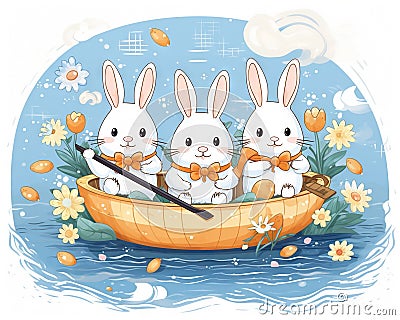 3 rabbits sling on a canoe concept for Happy Chinese new year in the year of the water. Cartoon Illustration