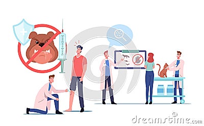 Rabies Disease Concept. Injured Patient with Dog Bite Visiting Hospital. Medics Inject Vaccine or Presenting Information Vector Illustration