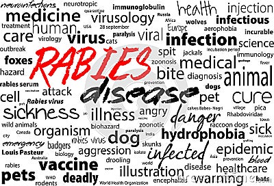 Rabies - viral incurable disease of humans and animals. Health care word text block. Vector Illustration