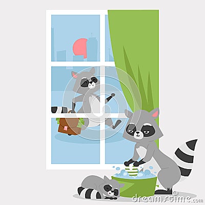 Raccon family poster, banner vector illustration. Cartoon mother washing clothes in bowl, small child sleeping near Vector Illustration