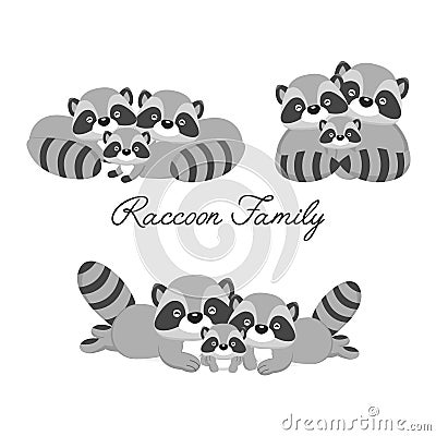 Happy animal family. Dad, mom, baby raccoons cartoon. Vector Illustration