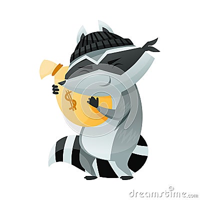 Raccoon Burglar with Striped Tail Wearing Mask Embracing Sack with Money Vector Illustration Vector Illustration