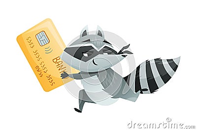 Raccoon Burglar with Striped Tail Wearing Mask Escaping with Bank Card Vector Illustration Vector Illustration