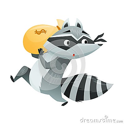 Raccoon Burglar with Striped Tail Wearing Mask Escaping with Sack of Money Vector Illustration Stock Photo