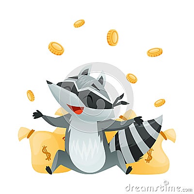 Raccoon Burglar with Striped Tail Wearing Mask Sitting Near Sacks of Money and Throwing Coins Vector Illustration Vector Illustration