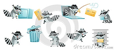 Raccoon Burglar with Striped Tail Wearing Mask Stealing and Hacking Vector Set Vector Illustration