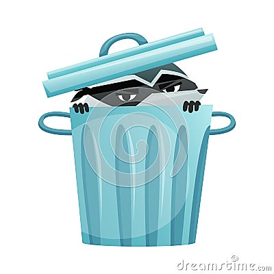 Raccoon Burglar Wearing Mask Hiding in Dustbin Peeping Out Vector Illustration Vector Illustration