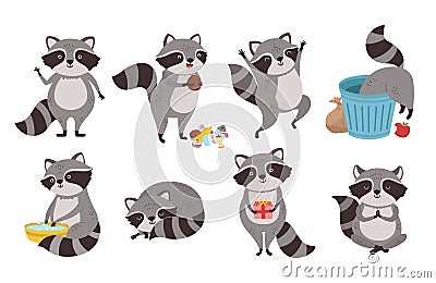 Raccoon character. Funny coon in trash, wild raccoons in different poses and cute mammal animal mascot cartoon vector Vector Illustration