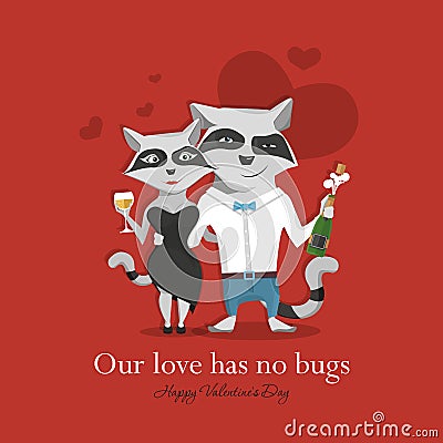 Raccoon couple in love celebrating Valentine`s day holding in the paws of champagne and a glass of. Vector Illustration