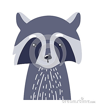 Raccoon cute animal baby face vector illustration. Hand drawn style nursery character. Scandinavian funny kid design Vector Illustration