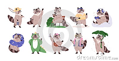 Raccoon, cute forest animal set. Funny happy friendly racoons, baby characters. Adorable fairytale mammal. Comic fauna Vector Illustration