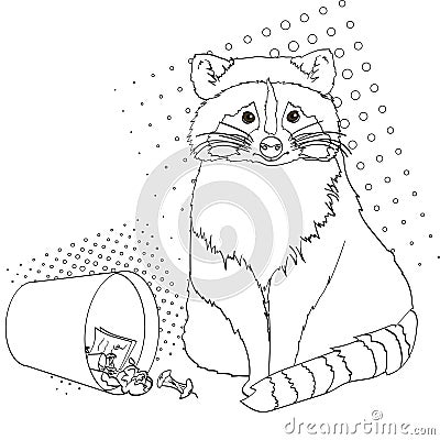 Raccoon eats from the trash. A garbage can of street thief and homeless. Children coloring, black lines, white Vector Illustration