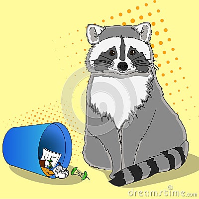 Raccoon eats from the trash. A garbage can of street thief and homeless. Pop art raster on an orange background Cartoon Illustration