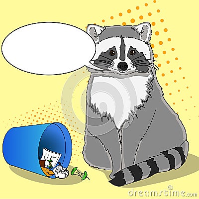 Raccoon eats from the trash. A garbage can of street thief and homeless. Pop art raster on an orange background text Cartoon Illustration