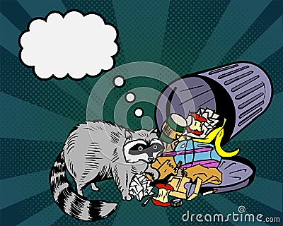 Raccoon eats from the trash and thinks about... A garbage can of street thief and homeless. Comic thinking bubble. Pop Cartoon Illustration