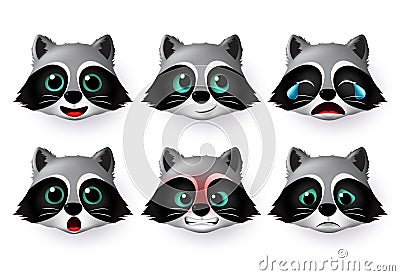 Raccoon emojis vector set. Raccoon emoji face head animal character Vector Illustration