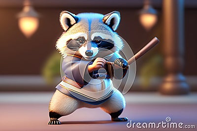 raccoon fighting character training in chinese clothes Cartoon Illustration