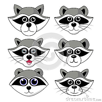 Raccoon gargle, head, facial expression and emotion illustration on white background in vector set Vector Illustration