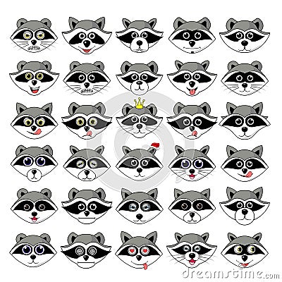 Raccoon gargle, head, facial expression and emotion illustration on white background in vector set Vector Illustration