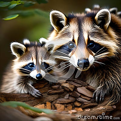 Raccoon mum with her babies - ai generated image Stock Photo