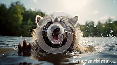 Raccoon - Procyon Lothor bathes in the river. Cute wet raccoon swims and plays in the water Stock Photo