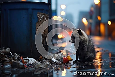 a raccoon rummaging through an urban garbage can Stock Photo
