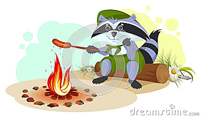 Raccoon scout fry sausages on fire Vector Illustration