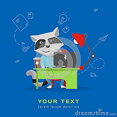 Raccoon sitting at a Desk with a laptop and coffee. Vector Illustration