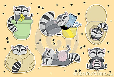 Raccoon stickers. Funny raccoons characters stickers for planner Vector Illustration