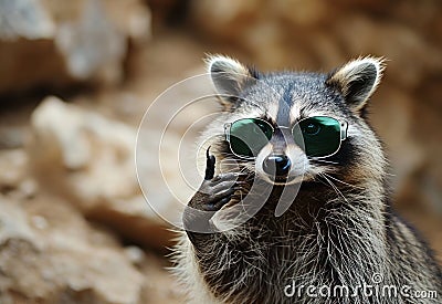 a raccoon wearing green sunglasses making a hand gesture Stock Photo